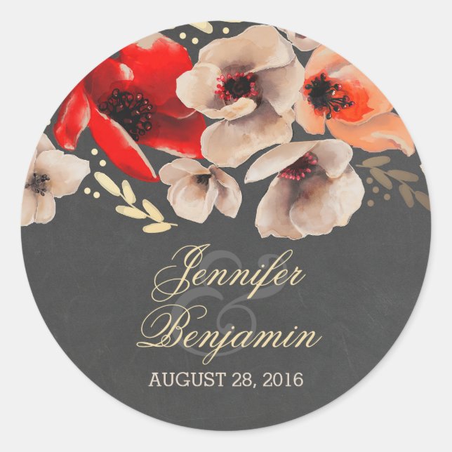 Pegatina Redonda boda floral de pizarra y oro (Anverso)