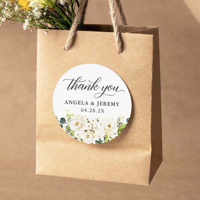 Pegatina Redonda Boda Floral de Rosas Blancas de Verdor Gracias (Perfect for sealing envelopes, embellishing gift bags, or adding a personal touch to wedding favors.)