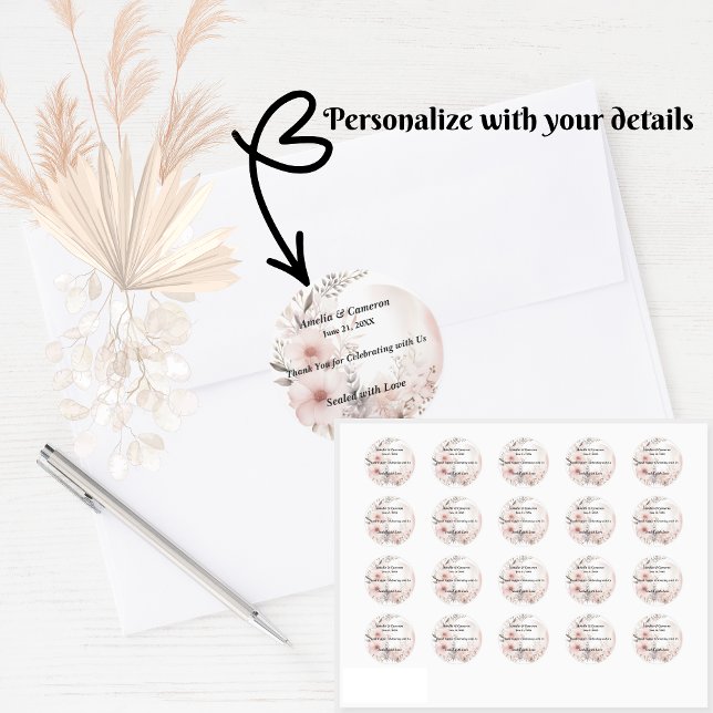 Pegatina Redonda Boda Floral de Rubor Boho (Set the tone for your romantic celebration with our elegant boho blush & beige wedding suite)