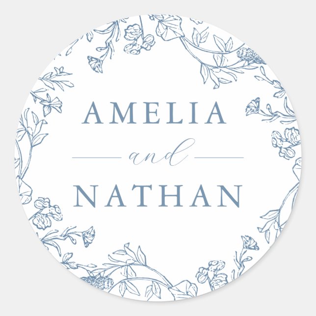 Pegatina Redonda Boda Floral Dusty Blue Vintage (Anverso)