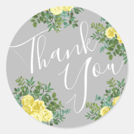 Pegatina Redonda Boda floral elegante amarillo y gris