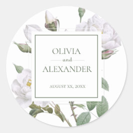 Pegatina Redonda Boda floral elegante de rosas blancas