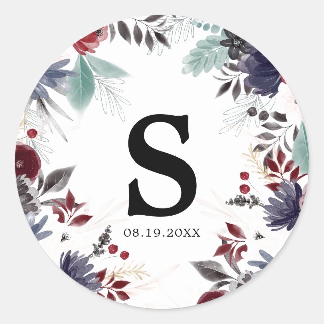 Pegatina Redonda Boda floral gótica azul borgoña de la Marina (Anverso)