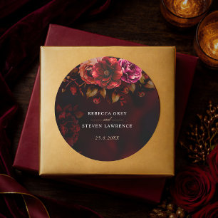 Pegatina Redonda Boda floral gótica elegante roja negra y temperame