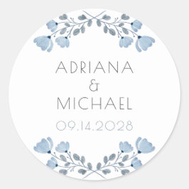 Pegatina Redonda Boda floral gris gris azul moderno