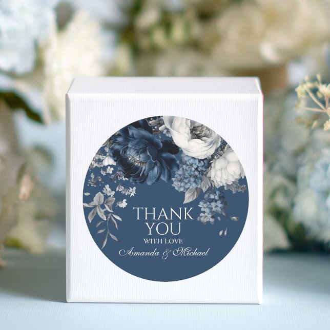 Pegatina Redonda Boda floral gris y azul moderno (Modern Blues & Gray Floral Wedding Classic Round Sticker)
