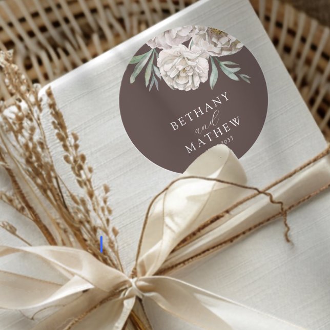Pegatina Redonda Boda Floral Marrón Rústico y Blanco (Subido por el creador)