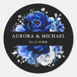 Pegatina Redonda Boda floral metálico Cl de plata blanca azul real