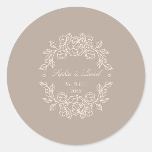 Pegatina Redonda Boda floral minimo elegante de contorno