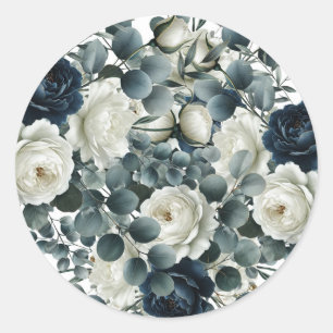 Pegatina Redonda Boda floral moderna azul oscuro y blanco