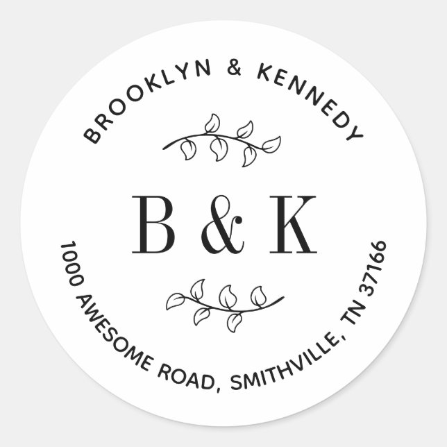 Pegatina Redonda Boda floral Monograma Nombre de la pareja Direcció (Anverso)