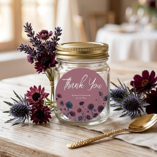 Pegatina Redonda Boda floral morada y azul melancólica
