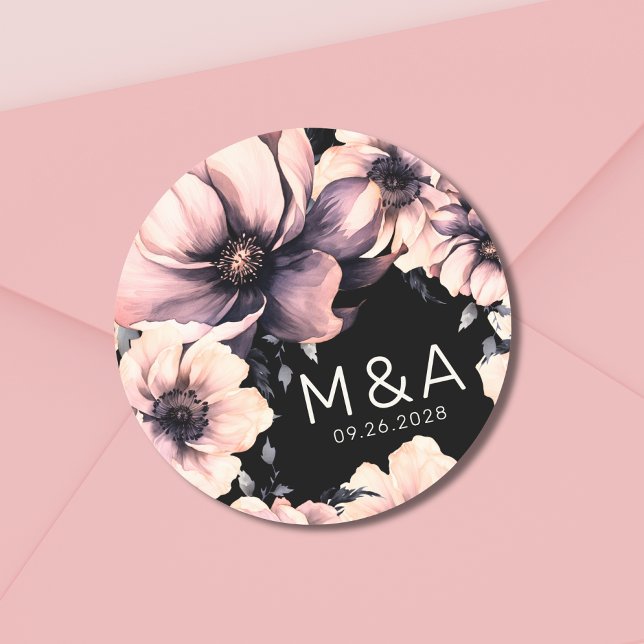 Pegatina Redonda Boda floral negro rosado moderno (Modern Elegant Boho Pink Black Floral Wedding Classic Round Sticker)