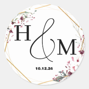 Pegatina Redonda Boda Floral Oro Elegante Moderna Monogramada