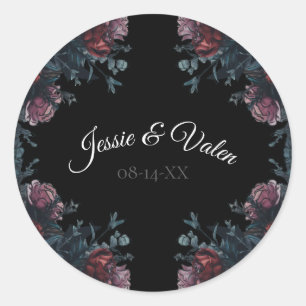 Pegatina Redonda Boda floral oscuro Gothic Black Elegant