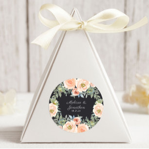 Pegatina Redonda Boda Floral Pastel Verde Melocotón Navy