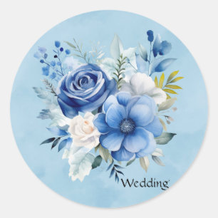 Pegatina Redonda Boda floral peony de color azul y blanco