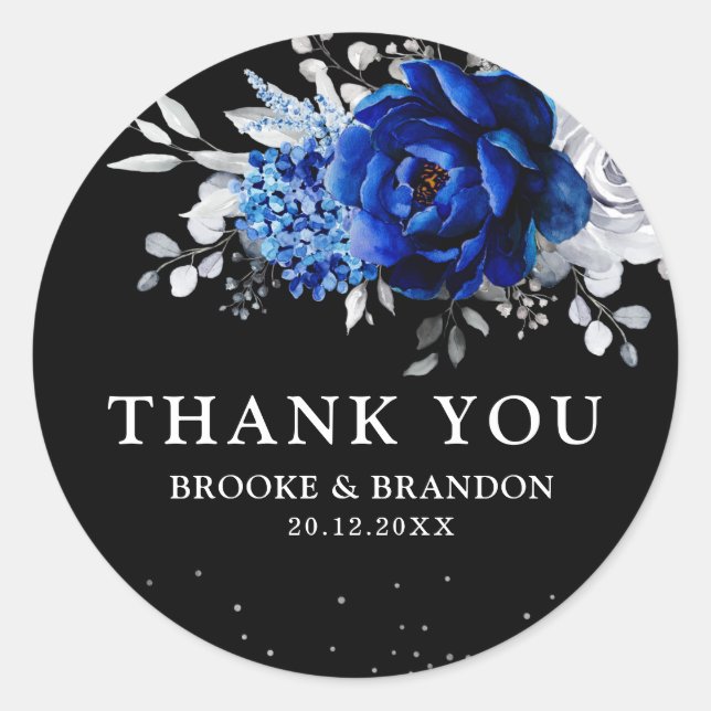 Pegatina Redonda Boda floral plateado metálico azul real Cl (Anverso)