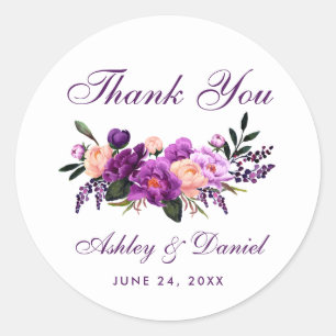 Pegatina Redonda Boda Floral Purple ultrvioleta Gracias LP