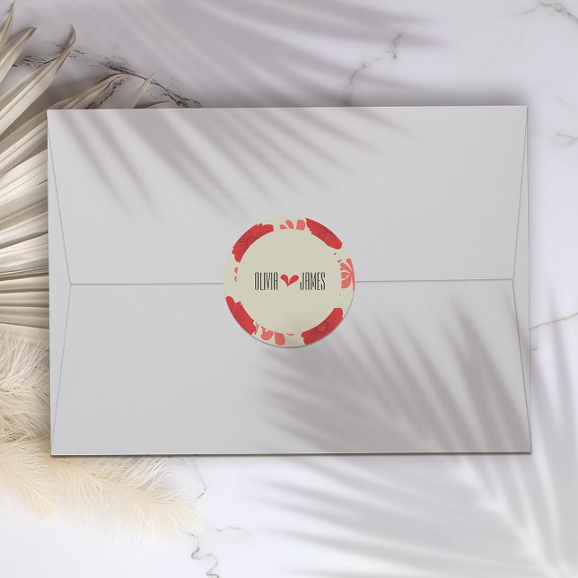 Pegatina Redonda Boda floral roja romántica (Subido por el creador)