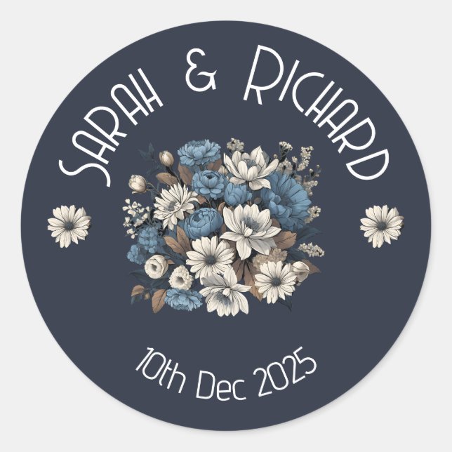 Pegatina Redonda Boda floral romántico de la Marina Elegante (Anverso)