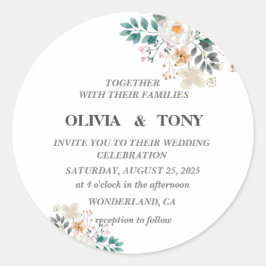 Pegatina Redonda Boda floral romántico simple