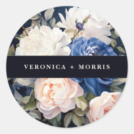 Pegatina Redonda Boda floral rosa azul marino y turbio Rubor