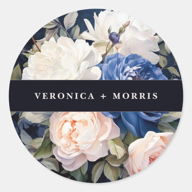 Pegatina Redonda Boda floral rosa azul marino y turbio Rubor (Anverso)