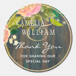 Pegatina Redonda Boda Floral Rosa de MADERA RÚSTICA Gracias