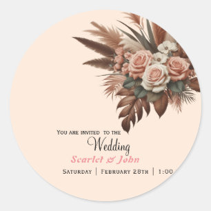 Pegatina Redonda Boda floral rosa de pampas vintage