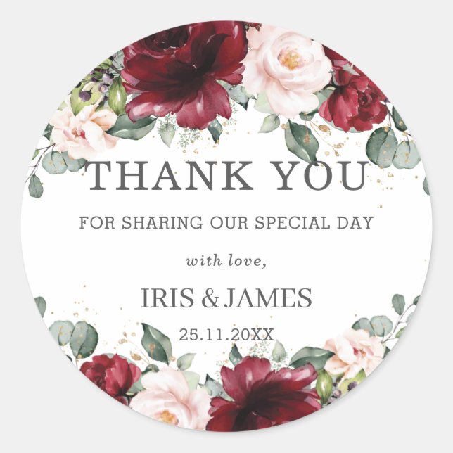Pegatina Redonda Boda Floral Rosa Desvanecido Borgoña Cumpleaños De (Anverso)