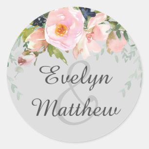 Pegatina Redonda Boda Floral Rosa Rosado Gris Ampersand