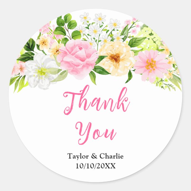 Pegatina Redonda Boda floral rosa y amarilla gracias (Anverso)
