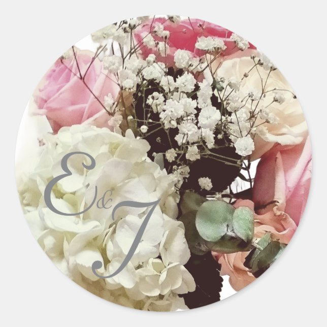 Pegatina Redonda Boda floral rosa y blanca (Anverso)