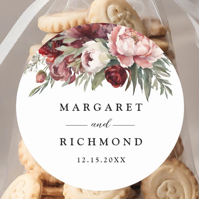 Pegatina Redonda Boda floral rosada de Rubor en Borgoña (Subido por el creador)