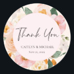 Pegatina Redonda Boda floral rosado moderno Gracias<br><div class="desc">Este es un boda gracias a favor de pegatina. El diseño está decorado con flores bohemias y bonitos rosas y de color turquesa, a juego con los colores del fondo, cremoso y ruidoso. Actualice fácilmente sus detalles utilizando la plantilla proporcionada. Póngase en contacto con el diseñador para cualquier pregunta relacionada...</div>
