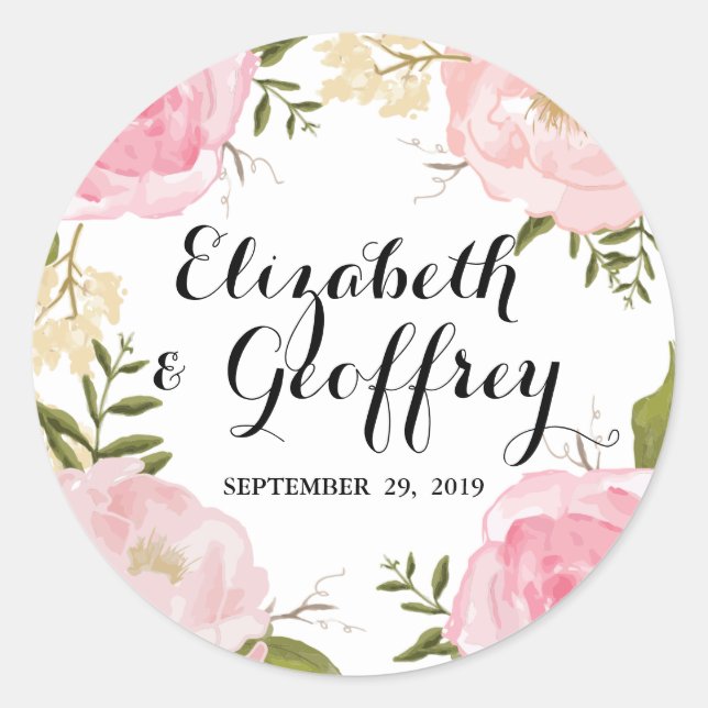 Pegatina Redonda Boda floral rosado moderno Personalizado Favor (Anverso)