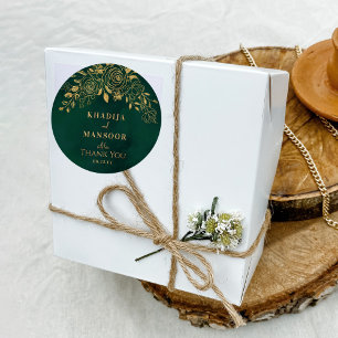 Pegatina Redonda Boda floral Royal Emerald Green Gold Gracias