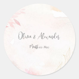 Pegatina Redonda Boda floral Rubor de color de agua suave