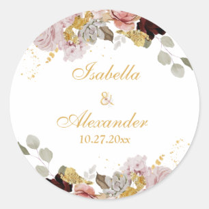 Pegatina Redonda Boda floral Rubor Peony & Gold Burgundy