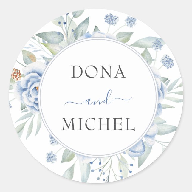 Pegatina Redonda Boda Floral Rustic Blue Winter (Anverso)