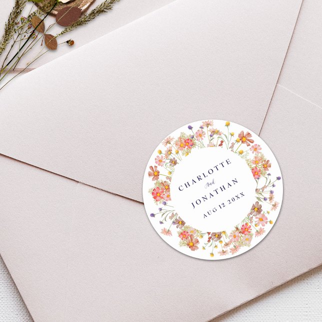 Pegatina Redonda Boda Floral Rústica de Otoño Bohemiana con Flores  (Boho fall wildflower navy and white wedding custom sticker Watercolor flowers fall colors)