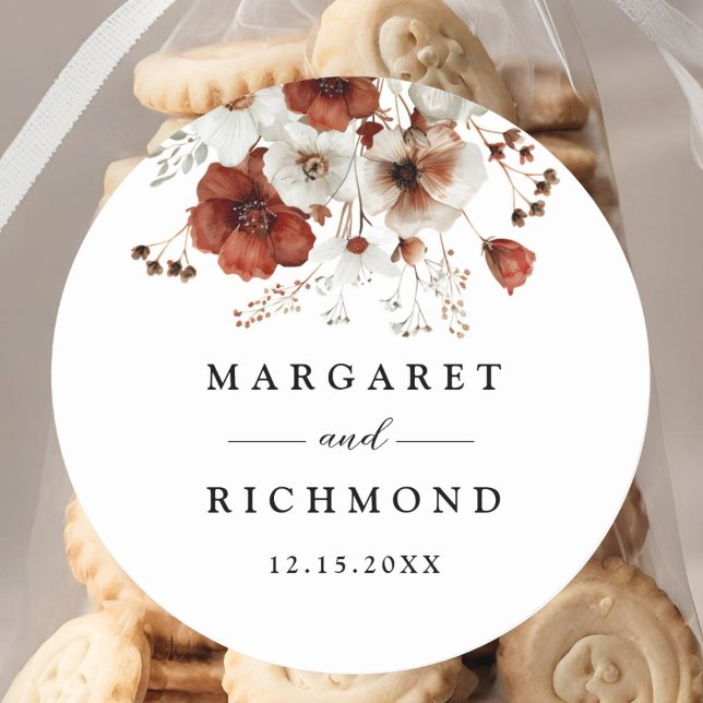 Pegatina Redonda Boda floral Rústico Rojo y Blanco (Subido por el creador)