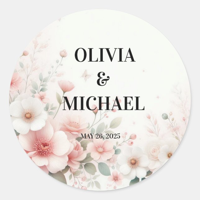 Pegatina Redonda Boda floral simple (Anverso)