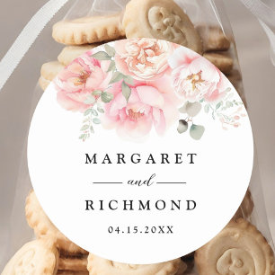 Pegatina Redonda Boda floral suave Rubor rosa Rose Garden