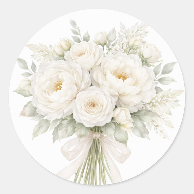 Pegatina Redonda Boda floral totalmente blanca (Anverso)