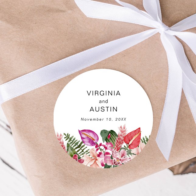 Pegatina Redonda Boda Floral Tropical (Tropical Floral Wedding Classic Round Sticker by Painted Paperie
)