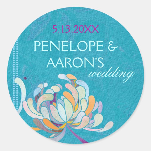 Pegatina Redonda Boda floral turquesa salva la fecha (Anverso)