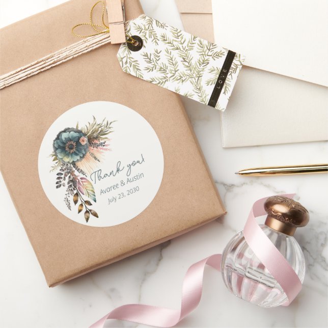 Pegatina Redonda Boda floral verde azulado Gracias (Regalar)