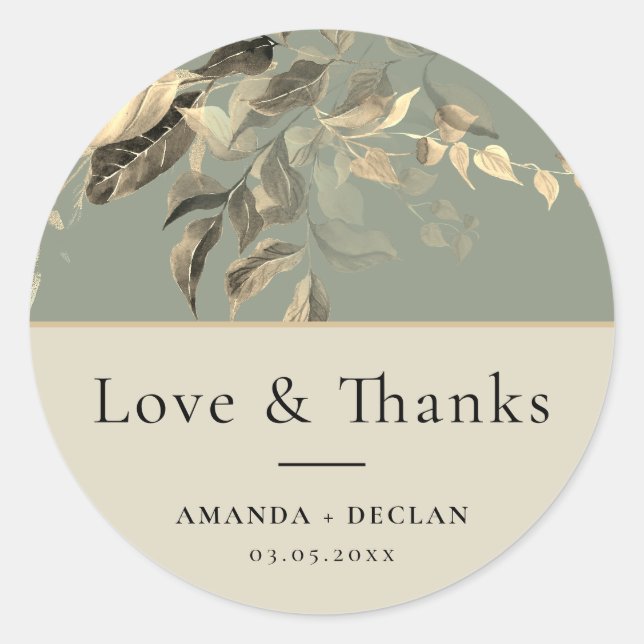 Pegatina Redonda Boda floral verde de hojas silvestres (Anverso)